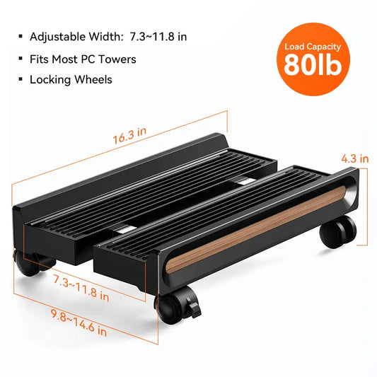 Adjustable PC Tower Stand w/ Wheels, Ventilated, Lockable Casters, 100LB Capacity
