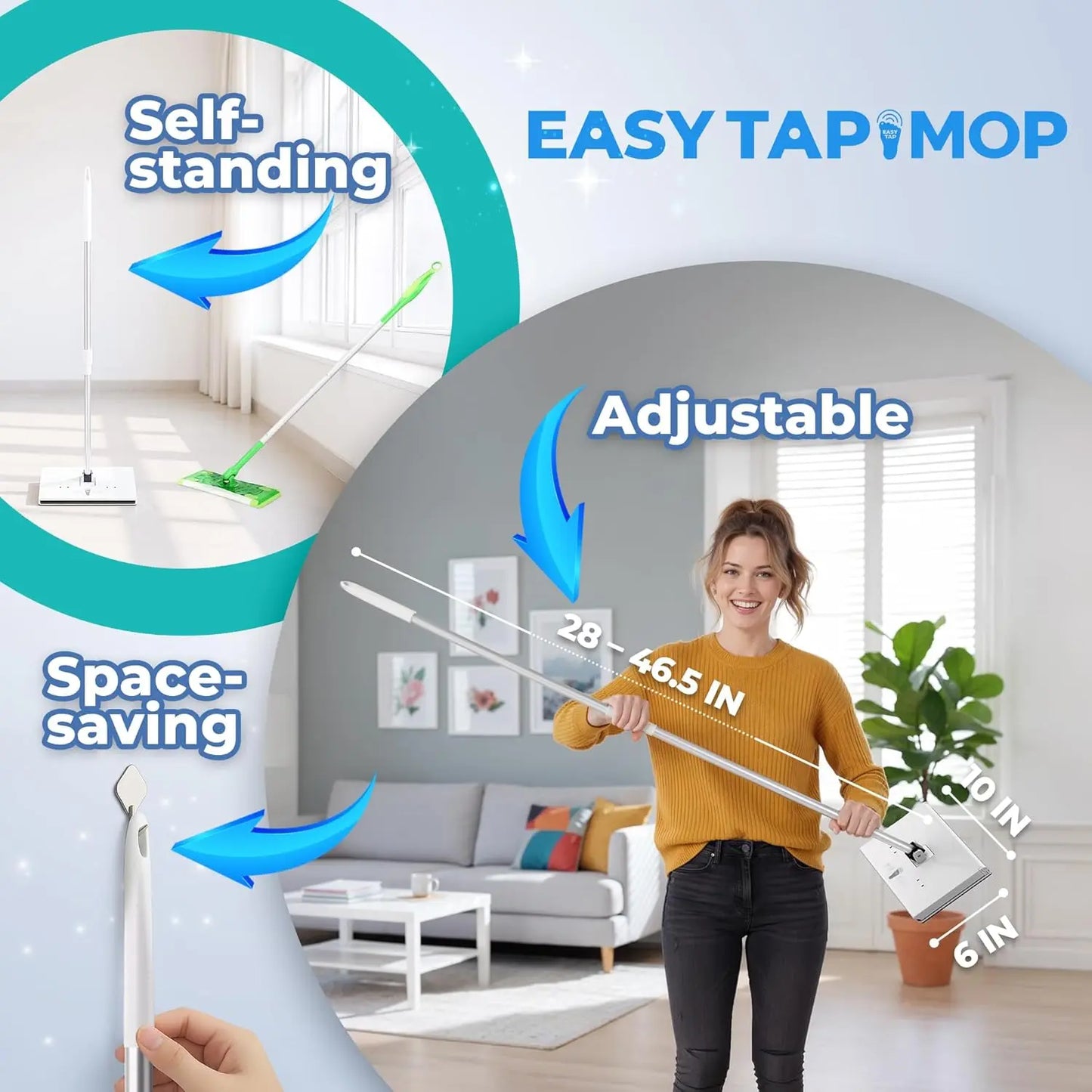 Hands-Free Flat Mop and Sweeper — Foot-Operated Locking System