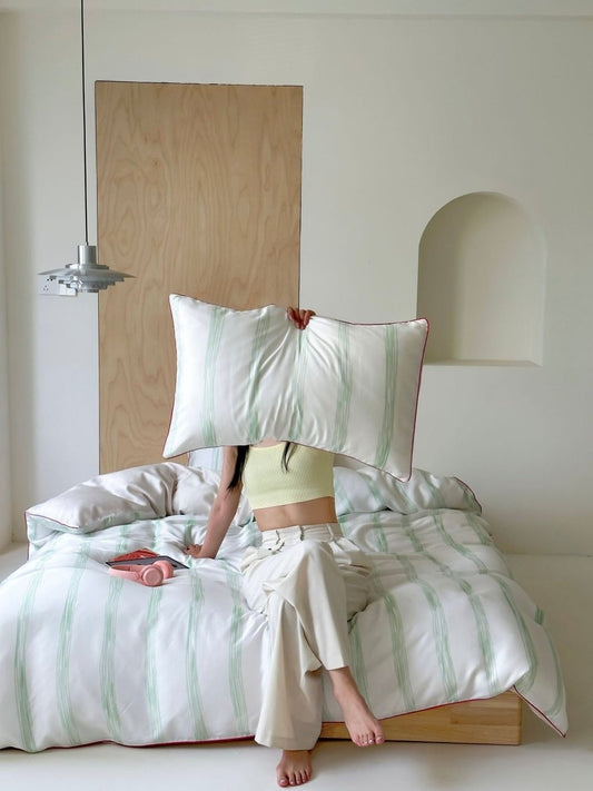 Elegant Coastal Pastel Stripe Silky Smooth Tencel Lyocell Duvet Cover Set -  Queen Size